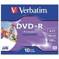 Verbatim DVD+R Inkjet-Printable AZO Writable Blank DVDs, Cased, 4.7gb/120min Capacity, Pack of 10