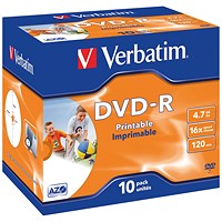 Verbatim DVD-R Inkjet-Printable AZO Writable Blank DVDs, Cased, 4.7gb/120min Capacity, Pack of 10