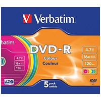 Verbatim DVD-R Colour Writable Blank DVDs, Cased, 4.7gb/120min Capacity, Pack of 5