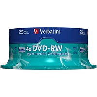 Verbatim DVD-RW SERL Rewritable Blank DVDs, Spindle, 4.7gb/120min Capacity, Pack of 25