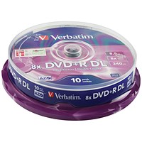 Verbatim DVD+R Double Layer AZO Writable Blank DVDs, Spindle, 8.5gb/240min Capacity, Pack of 10