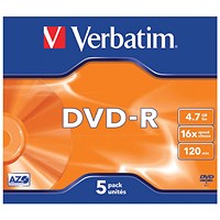 Verbatim DVD-R AZO Writable Blank DVDs, Cased, 4.7gb/120min Capacity, Pack of 5