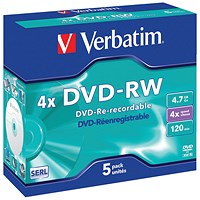 Verbatim DVD-RW SERL Rewritable Blank DVDs, Cased, 4.7gb/120min Capacity, Pack of 5