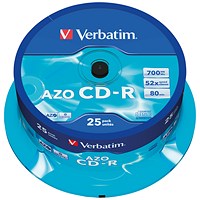 Verbatim CD-R AZO Crystal Writable Blank CDs, Spindle, 700mb/80min Capacity, Pack of 25