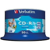Verbatim CD-R AZO 52x 700MB Wide Inkjet Printable Spindle (Pack of 50)