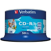 Verbatim CD-R Inkjet Printable AZO Writable Blank CDs, Spindle, 700mb/80min Capacity, Pack of 50