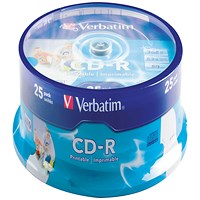 Verbatim CD-R Inkjet Printable AZO Writable Blank CDs, Spindle, 700mb/80min Capacity, Pack of 25