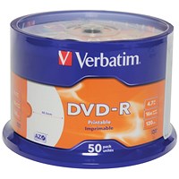 Verbatim DVD-R Inkjet-Printable AZO Writable Blank DVDs, Spindle, 4.7gb/120min Capacity, Pack of 50