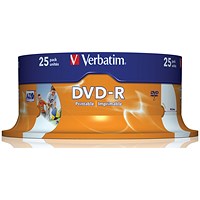 Verbatim DVD-R Inkjet-Printable AZO Writable Blank DVDs, Spindle, 4.7gb/120min Capacity, Pack of 25