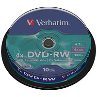 Verbatim DVD-RW SERL Rewritable Blank DVDs, Spindle, 4.7gb/120min Capacity, Pack of 10