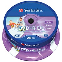 Verbatim DVD-R Double Layer AZO Writable Blank DVDs, Spindle, 8.5gb/240min Capacity, Pack of 25
