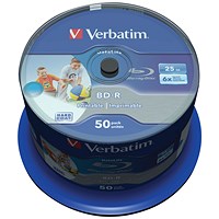 Verbatim BD-R Inkjet-Printable Writable Blank Blu-ray DVDs, Spindle, 25gb Capacity, Pack of 50