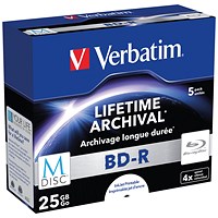 Verbatim BD-R M-Disc Inkjet-Printable Writable Blank Blu-ray DVDs, Cased, 25gb Capacity, Pack of 5
