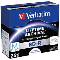 Verbatim BD-R M-Disc Inkjet-Printable Writable Blank Blu-ray DVDs, Cased, 25gb Capacity, Pack of 5