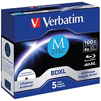 Verbatim BD-R M-Disc Inkjet-Printable Writable Blank Blu-ray DVDs, Cased, 100gb Capacity, Pack of 5