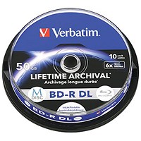 Verbatim BD-R DL M-Disc Inkjet-Printable Writable Blank Blu-ray DVDs, Spindle, 50gb Capacity, Pack of 10