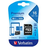 Verbatim Premium Micro SDHC Memory Card with Adapter, 16GB