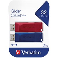 Verbatim Slider USB 2.0 Flash Drive, 32GB, Pack of 2