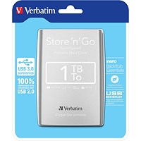 Verbatim Store 'n' Go USB 3.0 Portable Hard Drive, 1TB, Silver
