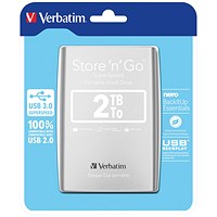 Verbatim Store 'n' Go USB 3.0 Portable Hard Drive, 2TB, Silver