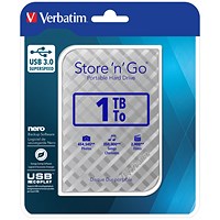 Verbatim Store 'n' Go USB 3.0 Portable Hard Drive, 1TB, Silver Chequers