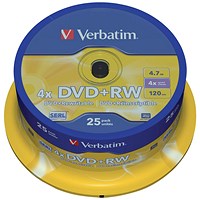 Verbatim DVD+RW SERL Rewritable Blank DVDs, Spindle, 4.7gb/120min Capacity, Pack of 25 Verbatim DVD+RW SERL Rewritable Blank DVDs, Spindle, 4.7gb/120min Capacity, Pack of 25