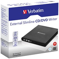 Verbatim External Slimline CD/DVD Writer, USB Connection, Black