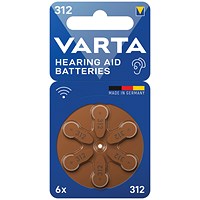 Varta Size 312 Hearing Aid Batteries, Pack of 6