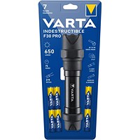 Varta Indestructible F30 Torch, 75 Hours Run Time, 6xAA, Black