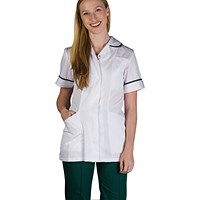 Work in Style Female Nursing Tunic, White with Bottle Green Trim, 40 Inch