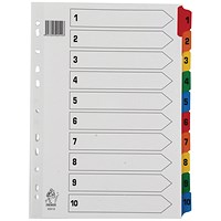 Everyday Reinforced Board Index Dividers, 1-10, Multicolour Tabs, A4, White