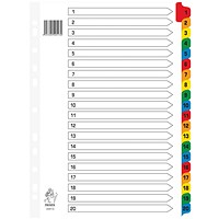 Everyday Reinforced Board Index Dividers, 1-20, Multicolour Tabs, A4, White