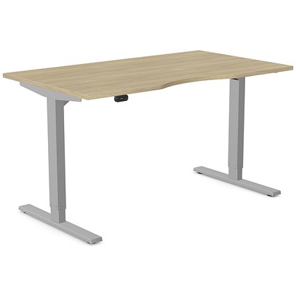 Zoom Sit-Stand Desk with Double Purpose Scallop, Silver Leg, 1400mm, Urban Oak Top