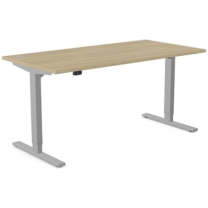 Zoom Sit-Stand Desk with Portals, Silver Leg, 1600mm, Urban Oak Top
