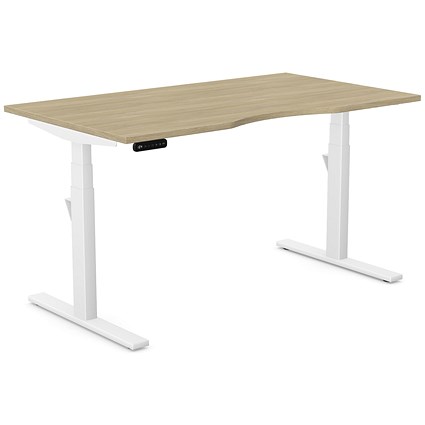 Leap Sit-Stand Desk with Scallop, White Leg, 1400mm, Urban Oak Top
