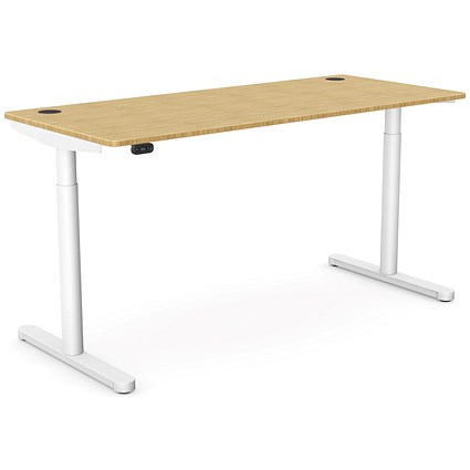 RoundE Height-Adjustable Desk with Portals, White Leg, 1600mm, Bamboo Top