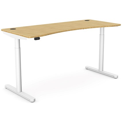 RoundE Height-Adjustable Curved Desk with Portals, White Leg, 1600mm, Bamboo Top
