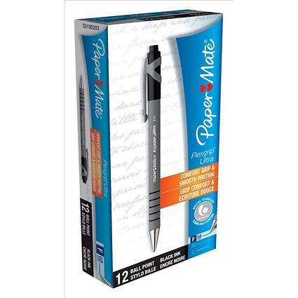 Paper Mate Flexgrip Retractable Ball Pen, Fine, Black, Pack of 12