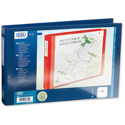 Elba Vision Ring Binder PVC Front Pocket 4 O-Ring Size 30mm A3 Landscape Blue [Pack 5]