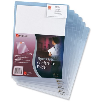 Rexel Nyrex 80 Conference Folder Cut Back with Card Holder Flap A4 Clear [Pack 5]