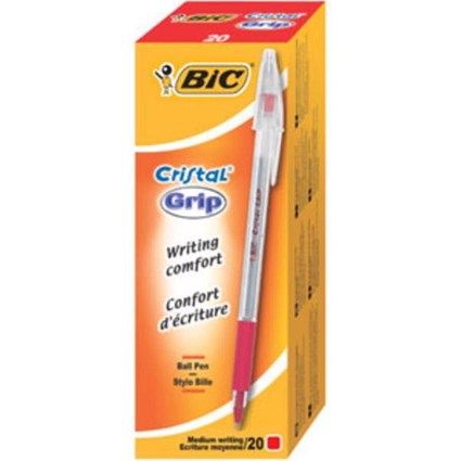 Bic Cristal Grip Ball Pen, Clear Barrel, Red, Bulk Pack, Pack of 20 x 5