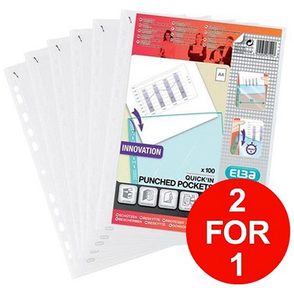 Elba Heavy Duty Quick-in Punched Pocket / A4 / Clear / Pack of 100 - Buy One Get One FREE