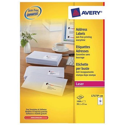 Avery Addressing Labels Laser 10 per Sheet White / 1000 Labels / Offer Includes a FREE Avery Labels Organiser Pack