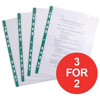 Elba Clear Multipunched Pockets with Green Strip / A4 / Pack of 100 / 3 for the Price of 2