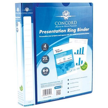 Concord Executive Presentation Ring Binder / 4 D- Ring / 40mm Spine / 25mm Capacity / A4 / Blue / Pack of 10