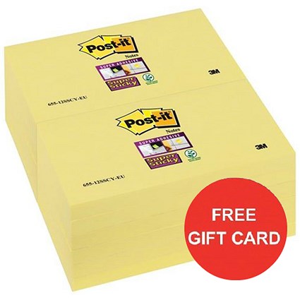 Post-it Super Sticky Colour Notes / 76x76mm / Yellow / Pack of 12 x 90 Notes x 2 / Claim a FREE Gift Card