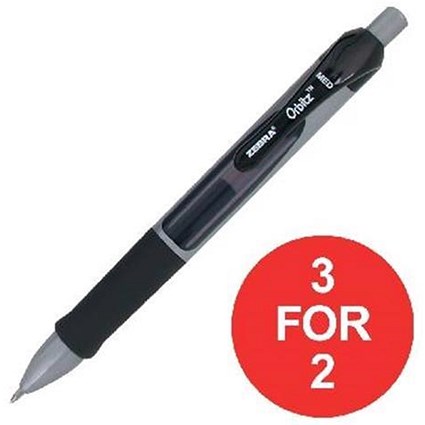 Zebra Orbitz Retractable Rollerball Gel Ink Pen / Medium / Black / Pack of 12 / 3 for the price of 2
