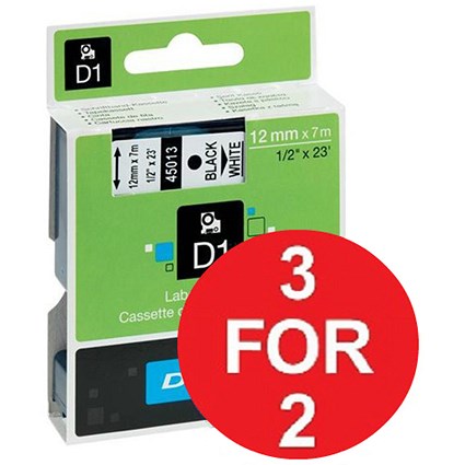 Dymo D1 Tape for Electronic Labelmakers / 12mmx7m / Black on White / 3 for the price of 2