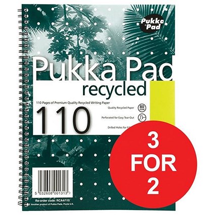 Pukka Pad Recycled Wirebound Notebook / A4 / 4 Holes / Perforated / Ruled / 110 Pages / Pack of 3 / 3 for the Price of 2