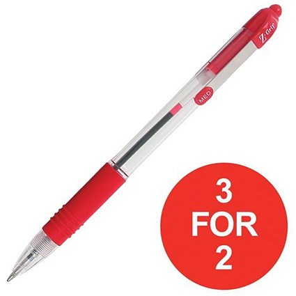 Zebra Z-Grip Medium Retractable Ball Pen / Metal Clip / Red / Pack of 12 / 3 for the Price of 2